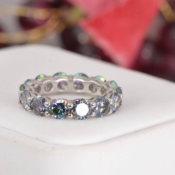 Certified Moissanite Rainbow Blue 5mm Full Eternity Band Ring 925 Sterling - Picture 2 of 5